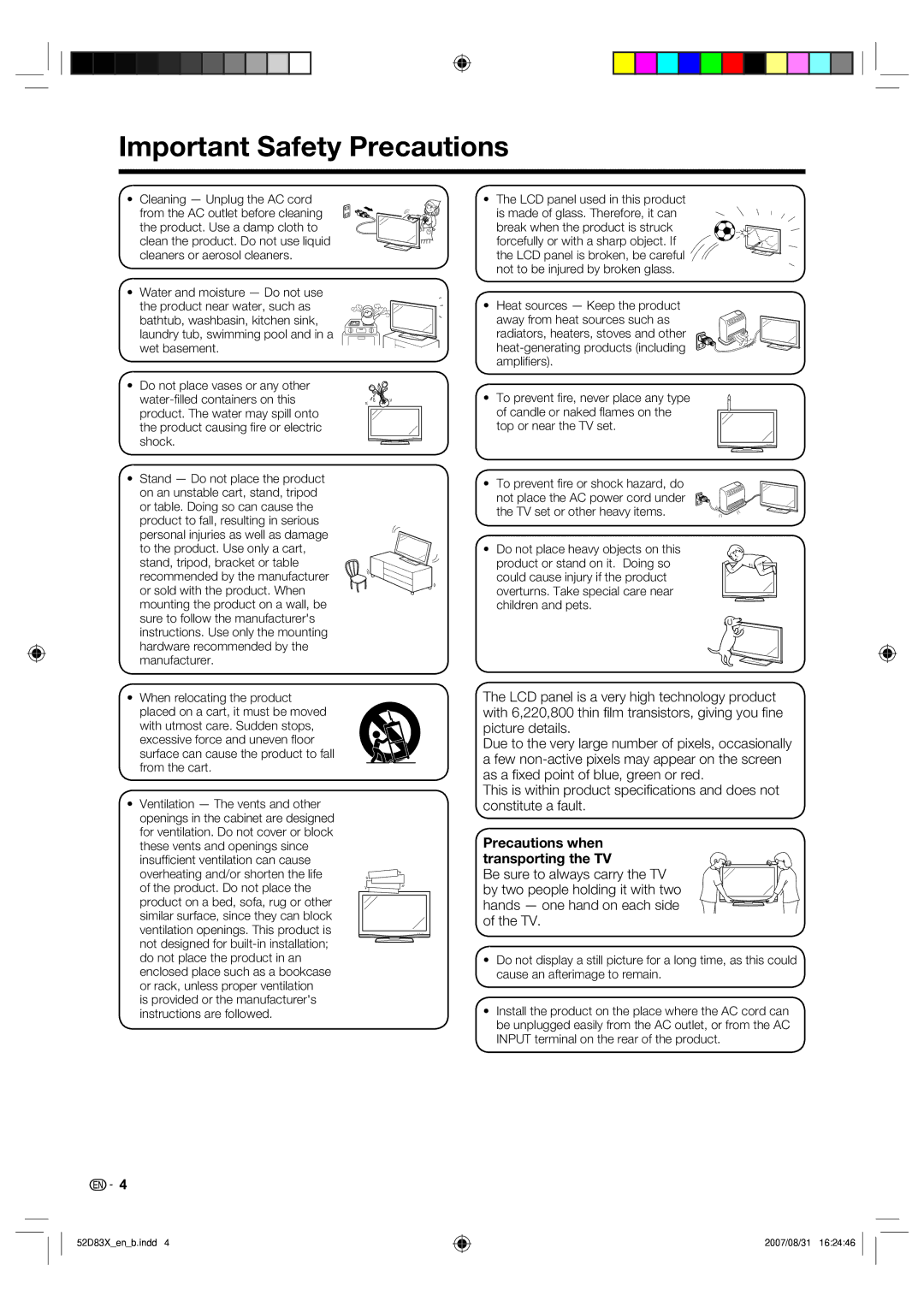 Sharp LC-42D83X LC-46D83X LC-52D83X operation manual Important Safety Precautions, Precautions when transporting the TV 