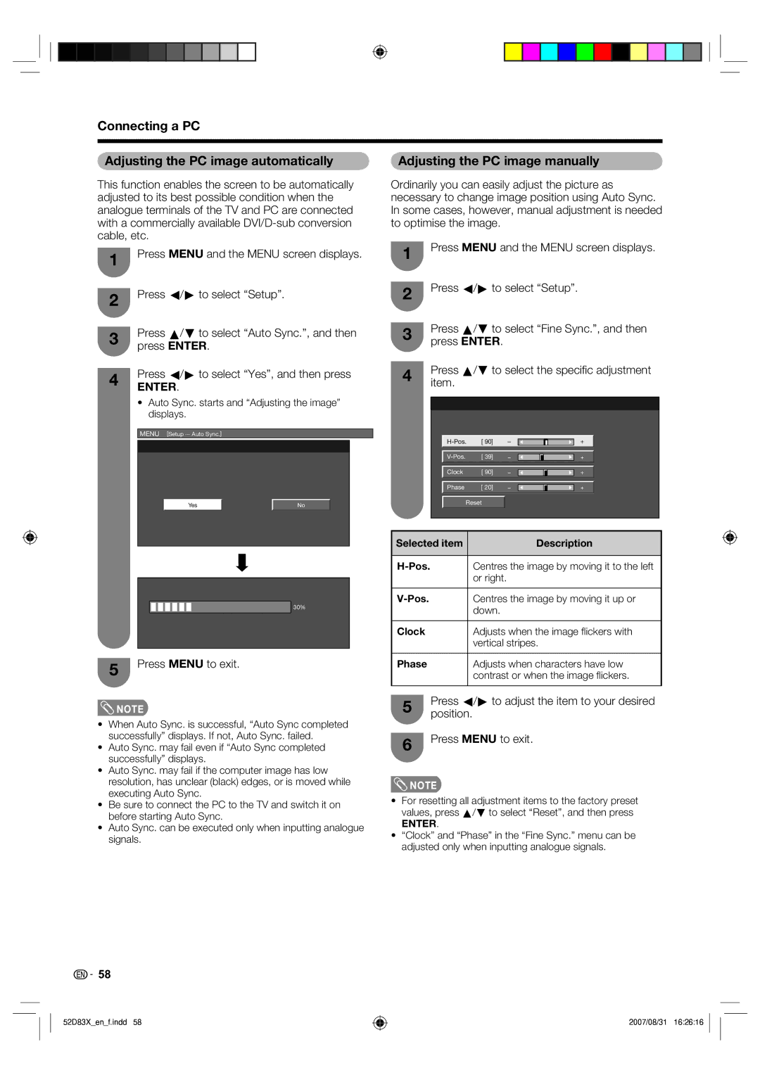 Sharp LC-42D83X LC-46D83X LC-52D83X Connecting a PC Adjusting the PC image automatically, Adjusting the PC image manually 