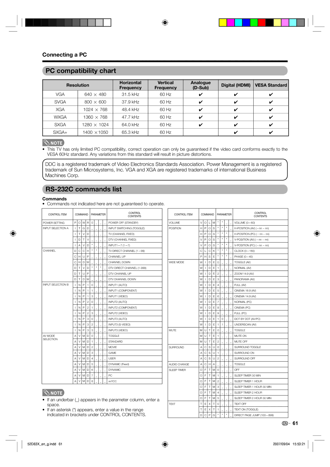 Sharp LC-42D83X LC-46D83X LC-52D83X operation manual PC compatibility chart, RS-232C commands list, Commands 