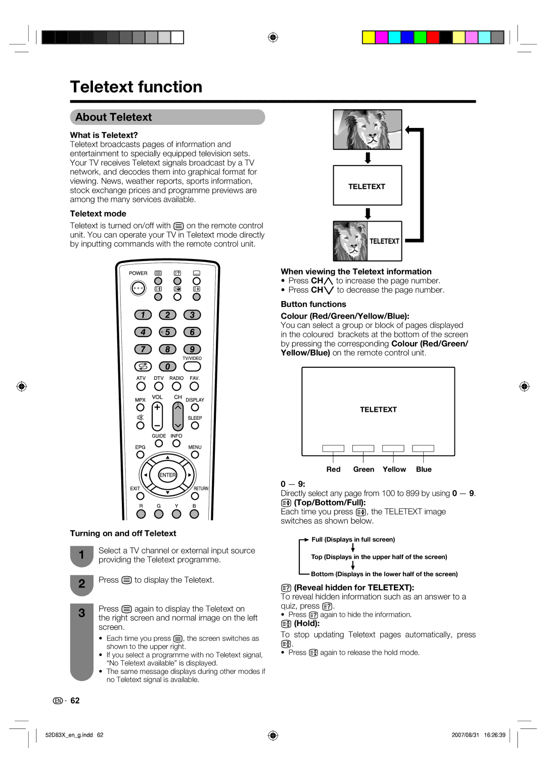 Sharp LC-42D83X LC-46D83X LC-52D83X operation manual Teletext function, About Teletext 