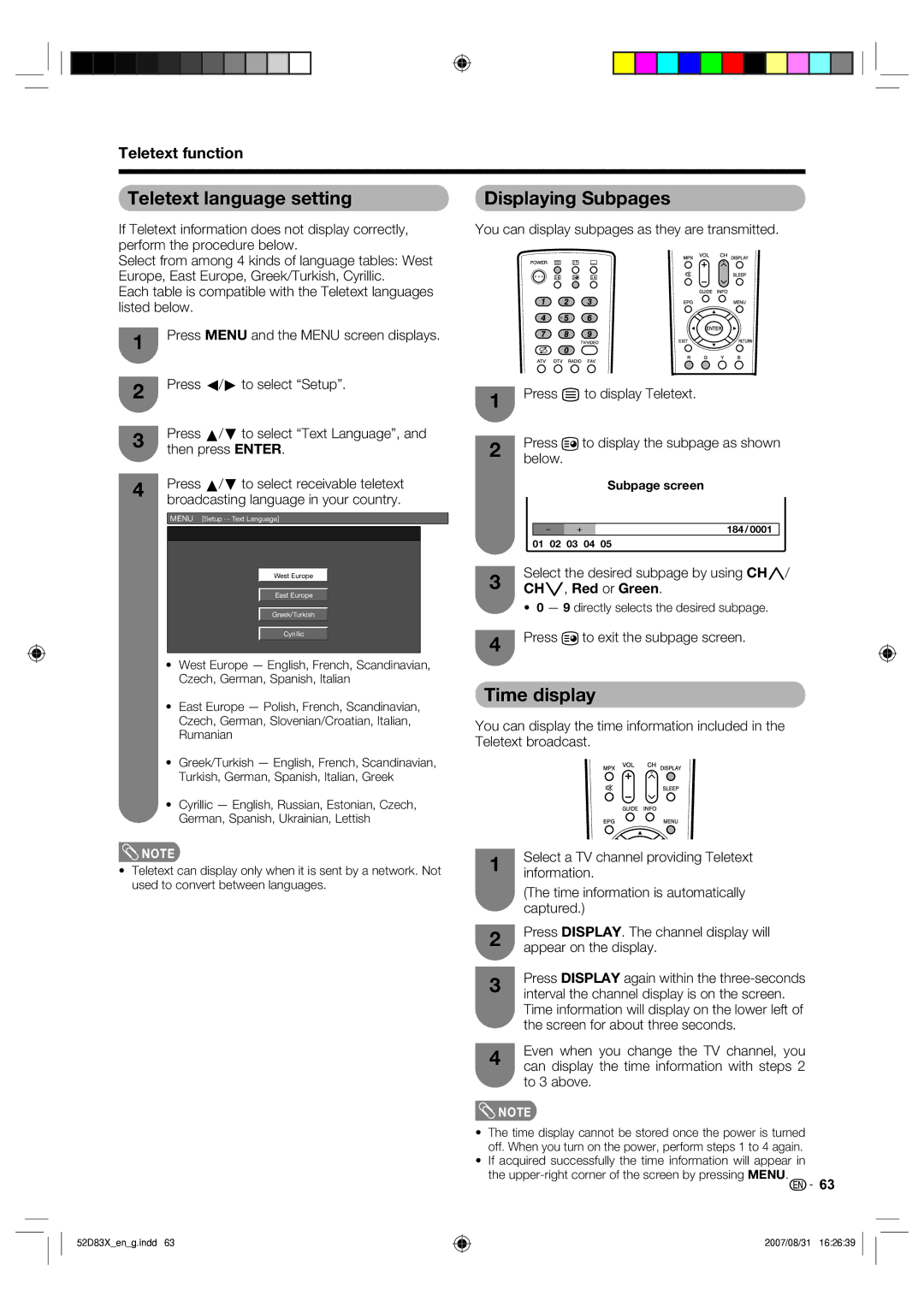 Sharp LC-42D83X LC-46D83X LC-52D83X Teletext language setting, Displaying Subpages, Time display, Teletext function 