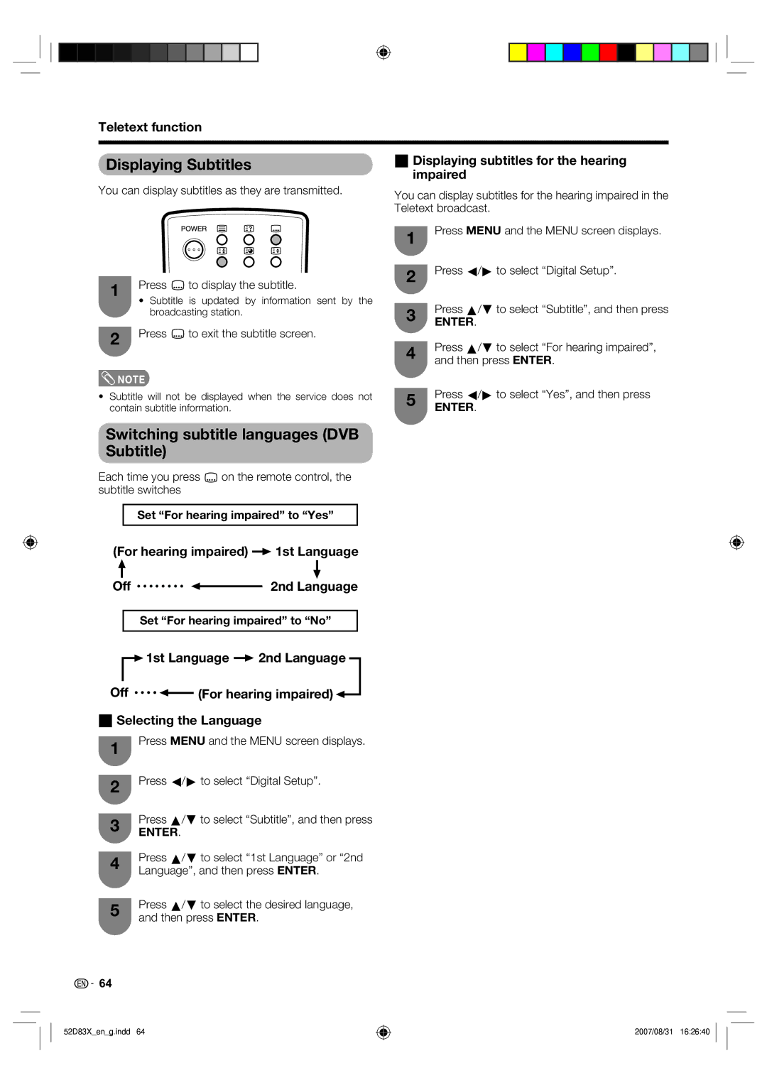 Sharp LC-42D83X LC-46D83X LC-52D83X Displaying Subtitles, Switching subtitle languages DVB Subtitle, Impaired 