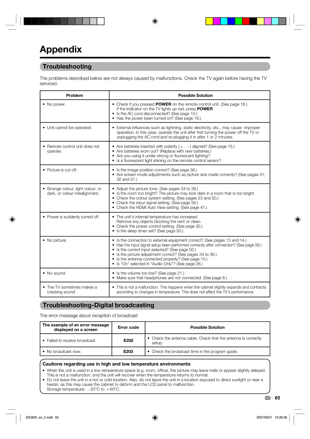 Sharp LC-42D83X LC-46D83X LC-52D83X operation manual Appendix, Troubleshooting-Digital broadcasting 