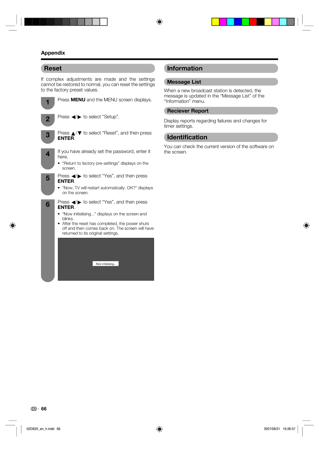 Sharp LC-42D83X LC-46D83X LC-52D83X operation manual Reset, Information, Identiﬁcation 