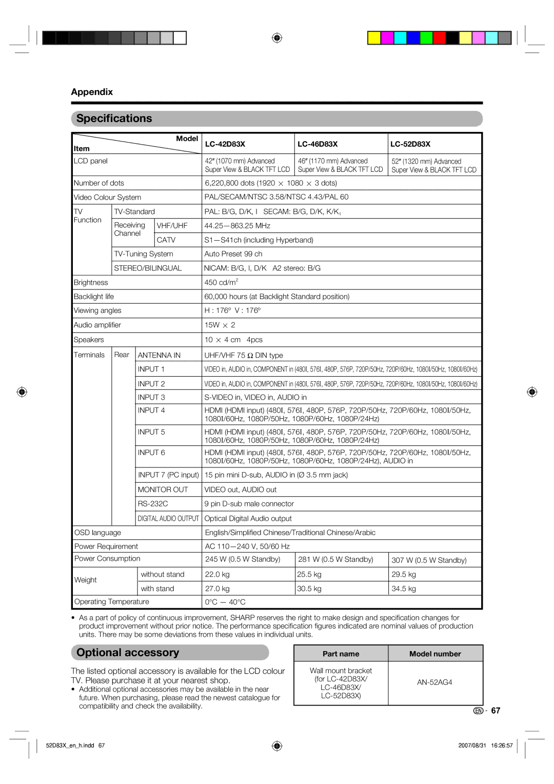 Sharp operation manual Speciﬁcations, Optional accessory, Model LC-42D83X LC-46D83X LC-52D83X, Part name Model number 