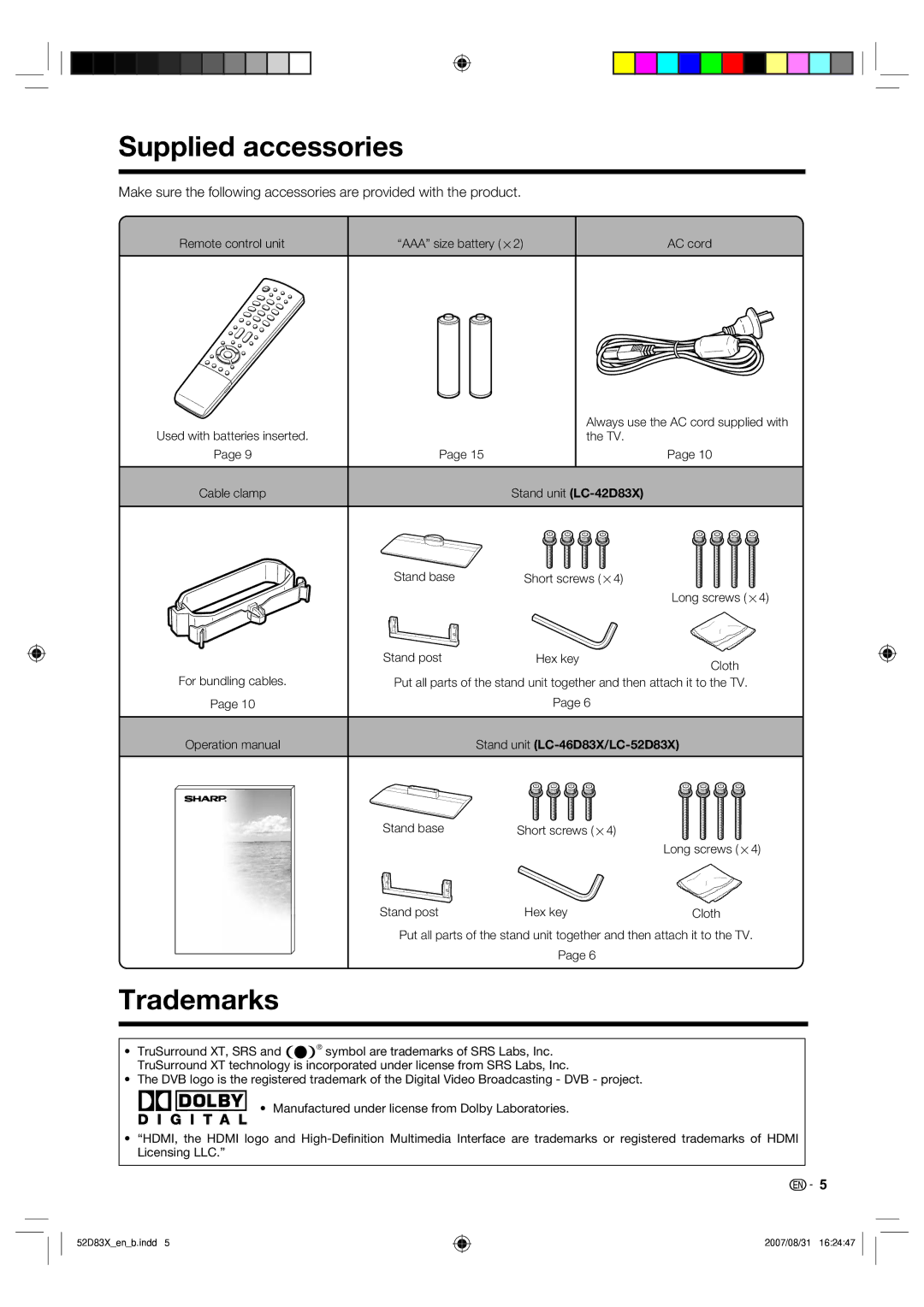 Sharp LC-42D83X LC-46D83X LC-52D83X Supplied accessories, Trademarks, Remote control unit AAA size battery g2 