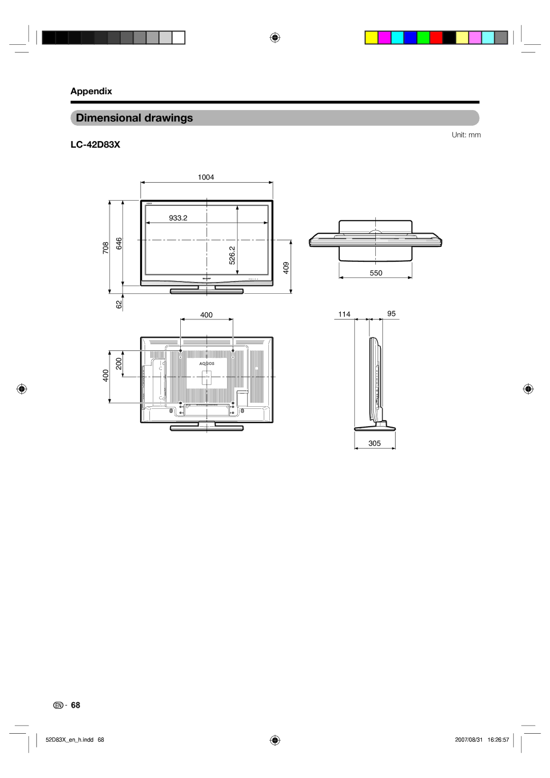 Sharp LC-42D83X LC-46D83X LC-52D83X operation manual Dimensional drawings, Unit mm 