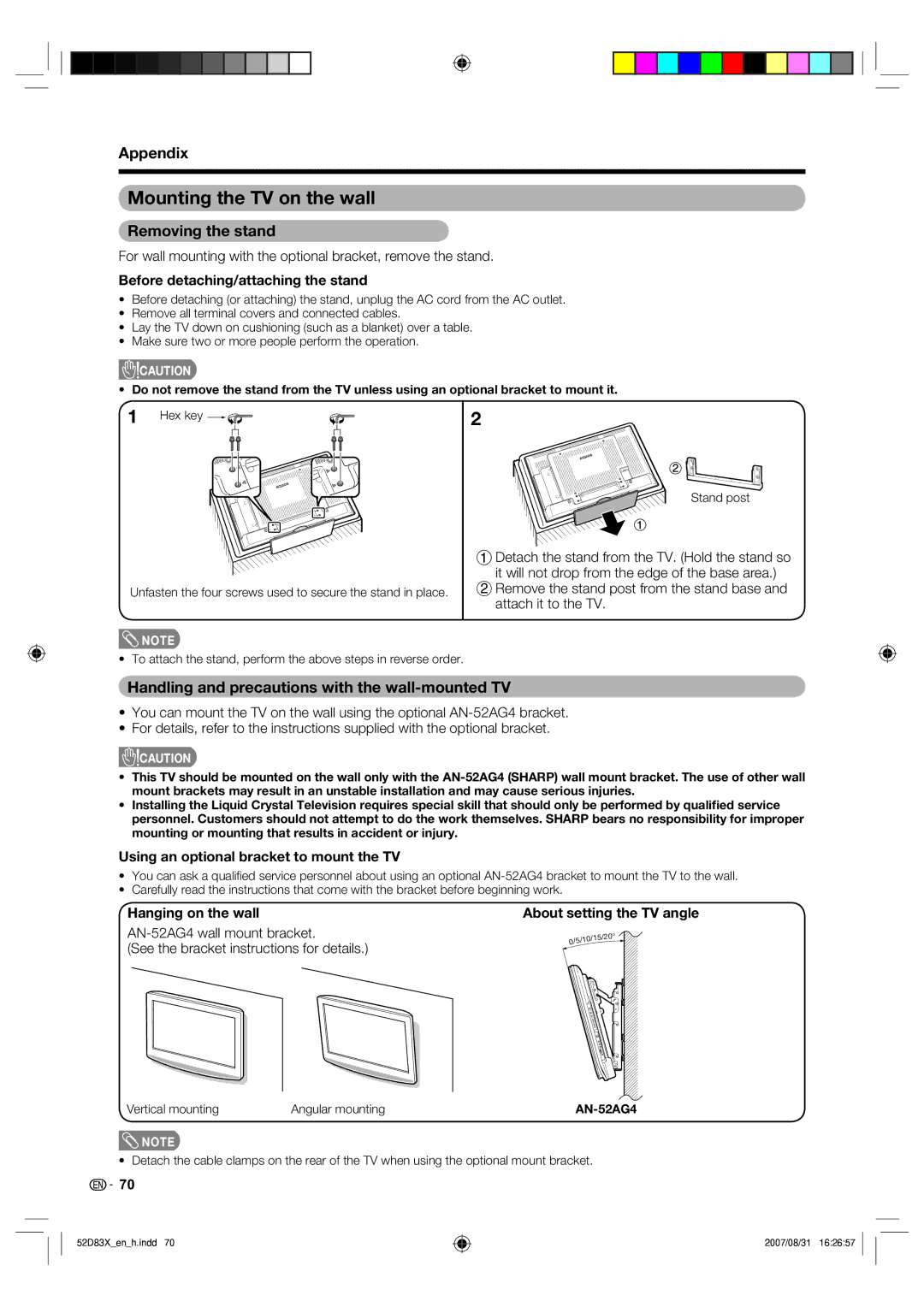 Sharp LC-42D83X LC-46D83X LC-52D83X operation manual Mounting the TV on the wall, Removing the stand 