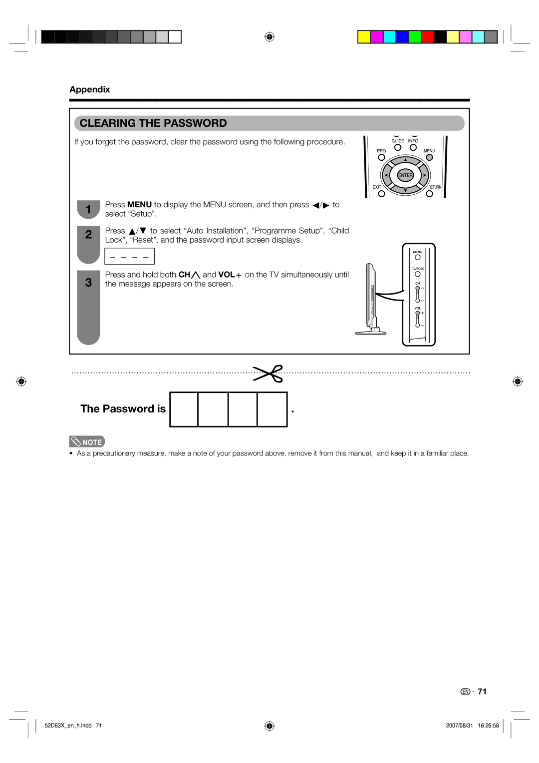 Sharp LC-42D83X LC-46D83X LC-52D83X operation manual Clearing the Password, Password is 