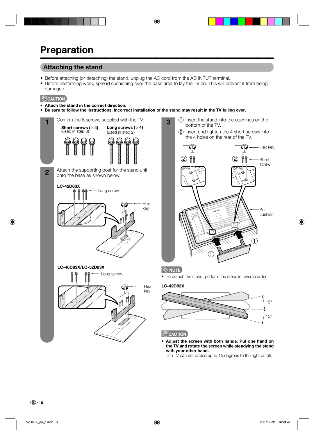 Sharp LC-42D83X LC-46D83X LC-52D83X Preparation, Attaching the stand, Conﬁ rm the 8 screws supplied with the TV 