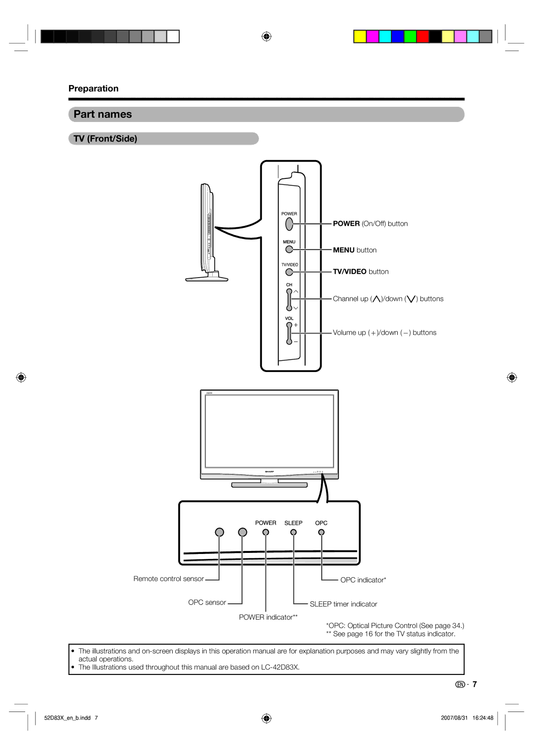 Sharp LC-42D83X LC-46D83X LC-52D83X operation manual Part names, Preparation, TV Front/Side, Menu button TV/VIDEO button 