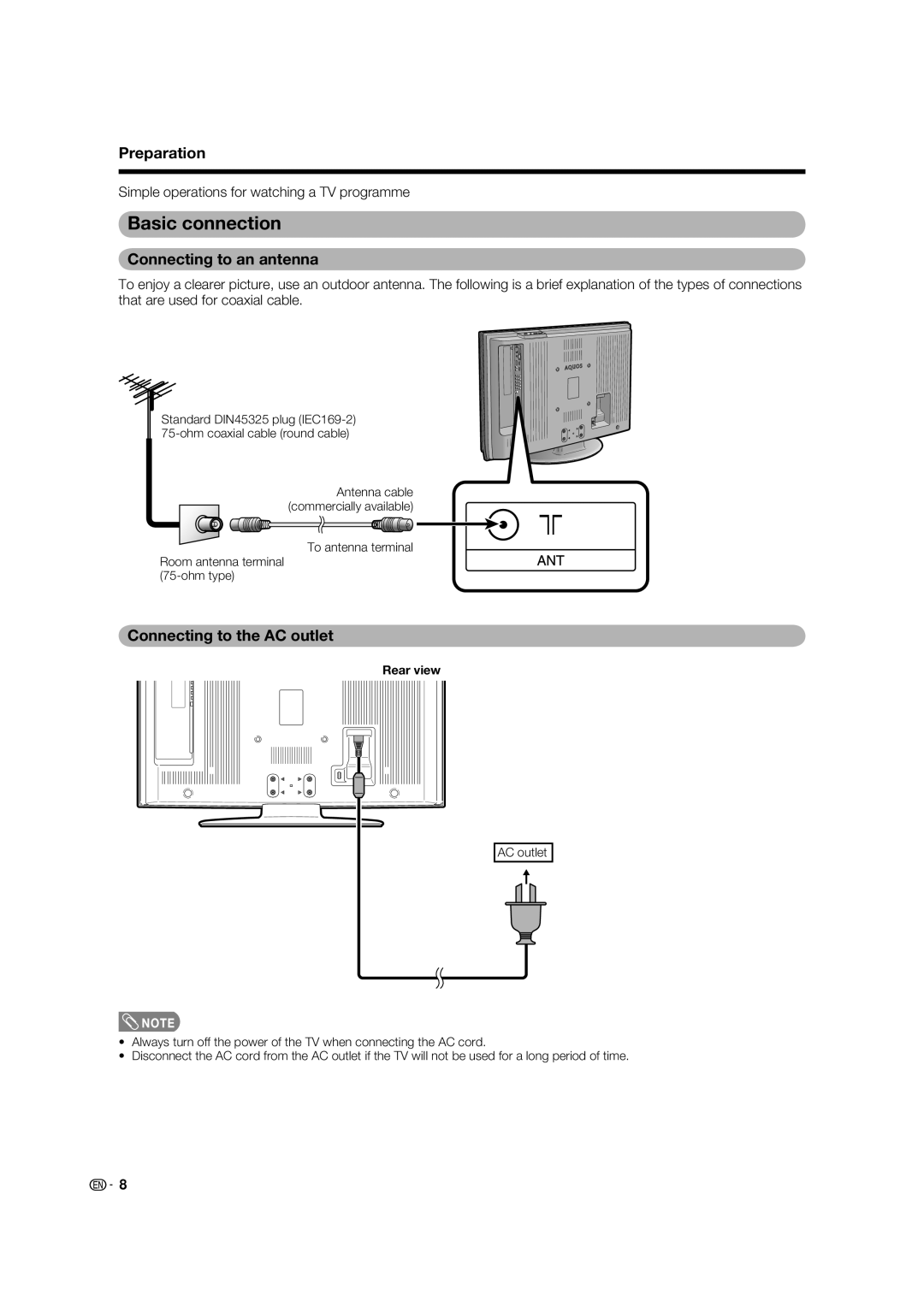 Sharp LC-32PX5X, LC-42PX5X, LC-37PX5X Basic connection, Connecting to an antenna, Connecting to the AC outlet, Rear view 