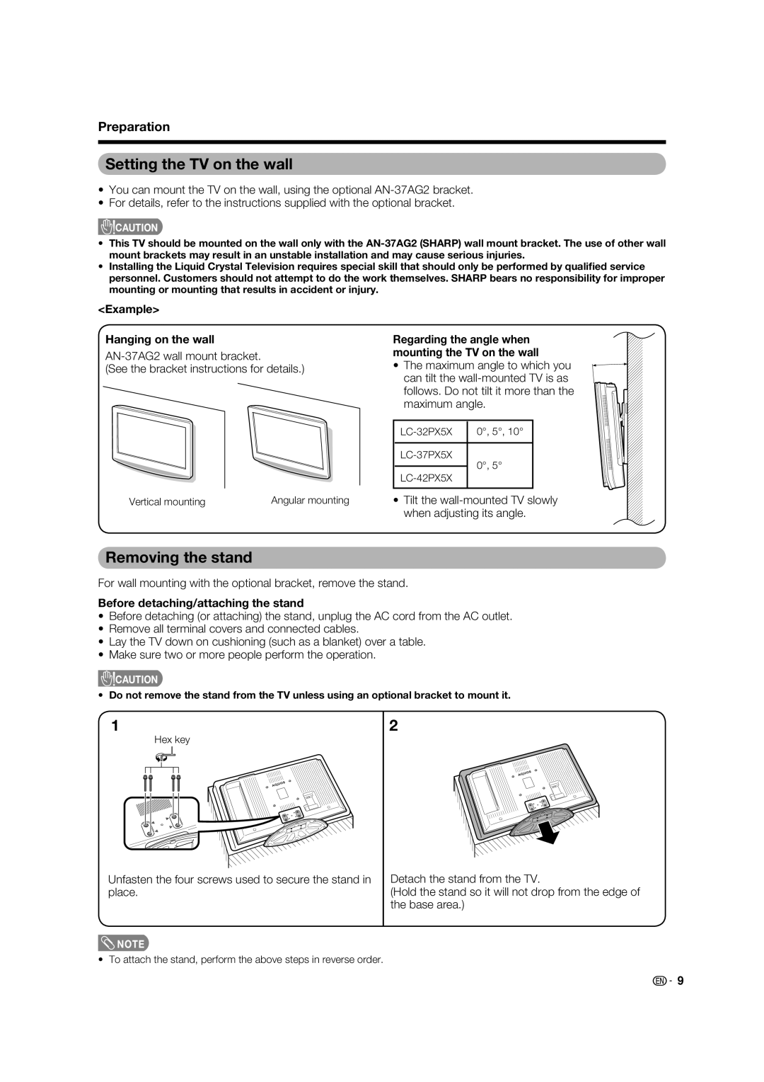 Sharp LC-37PX5X, LC-42PX5X, LC-32PX5X Setting the TV on the wall, Removing the stand, Example Hanging on the wall 