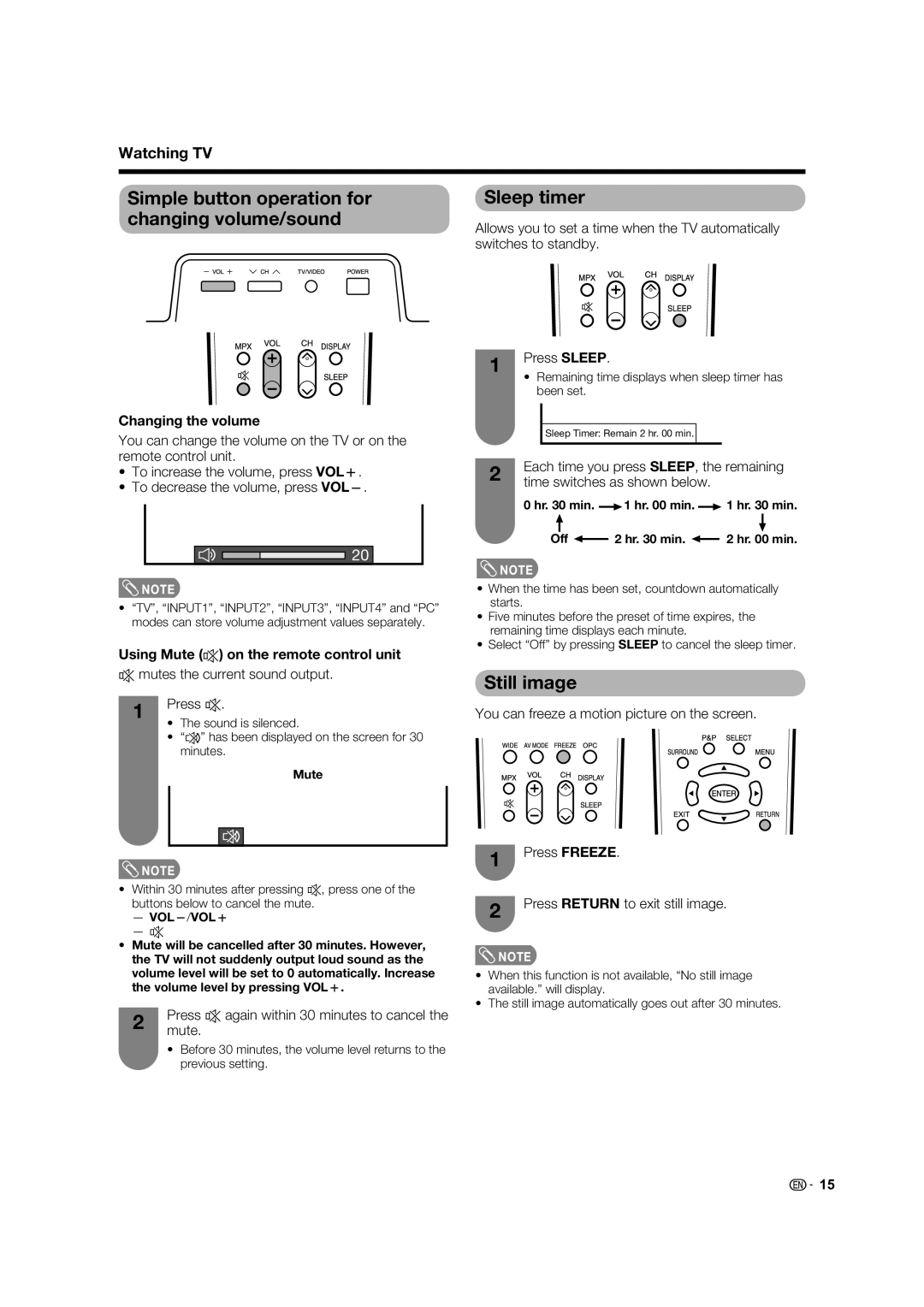 Sharp LC-37PX5X, LC-42PX5X Still image, Switches to standby, Changing the volume, Using Mute e on the remote control unit 