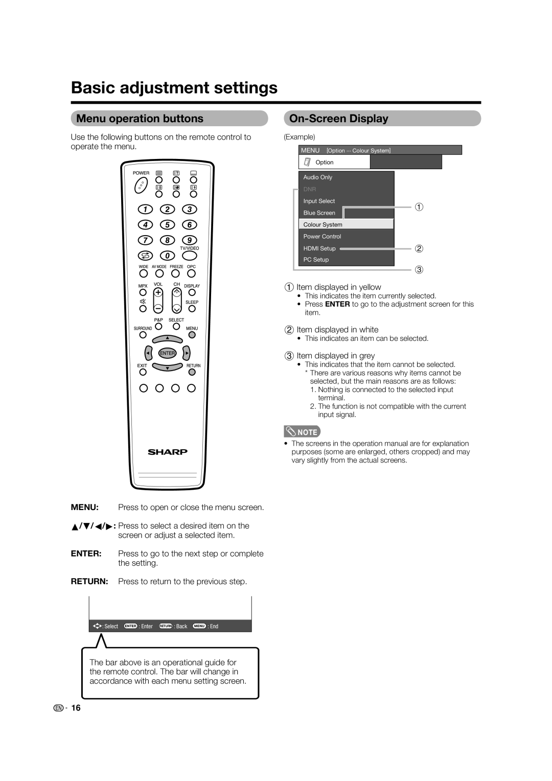 Sharp LC-42PX5X, LC-32PX5X, LC-37PX5X operation manual Basic adjustment settings, Menu operation buttons, On-Screen Display 