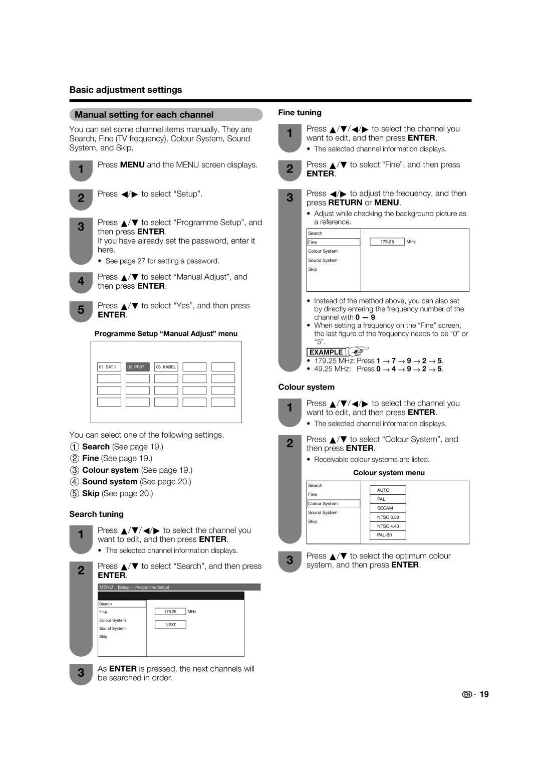 Sharp LC-42PX5X Basic adjustment settings Manual setting for each channel, Fine tuning, Colour system, Search tuning 