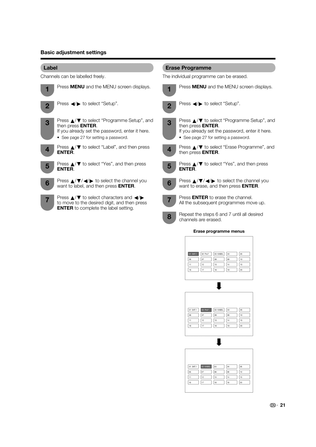Sharp LC-37PX5X, LC-42PX5X Basic adjustment settings Label, Erase Programme, Press a/b to select Label, and then press 