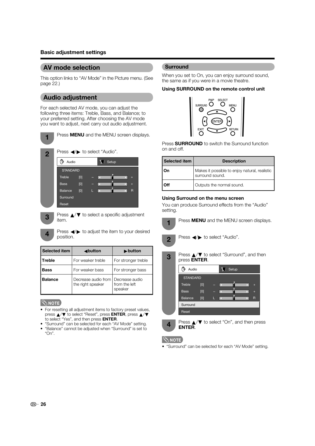 Sharp LC-32PX5X Audio adjustment, Using Surround on the remote control unit, Using Surround on the menu screen 