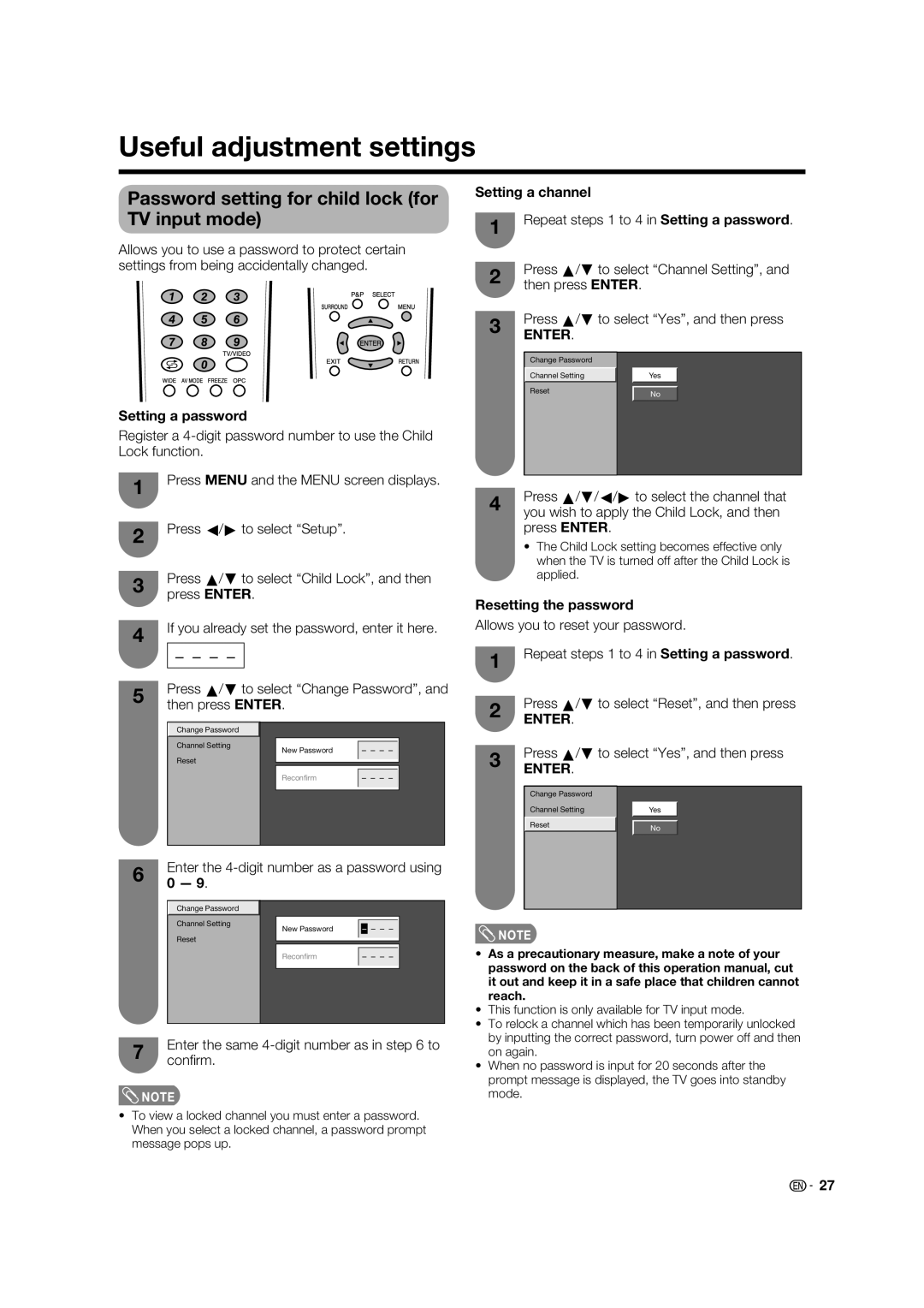 Sharp LC-37PX5X Useful adjustment settings, Password setting for child lock for TV input mode, Setting a password 