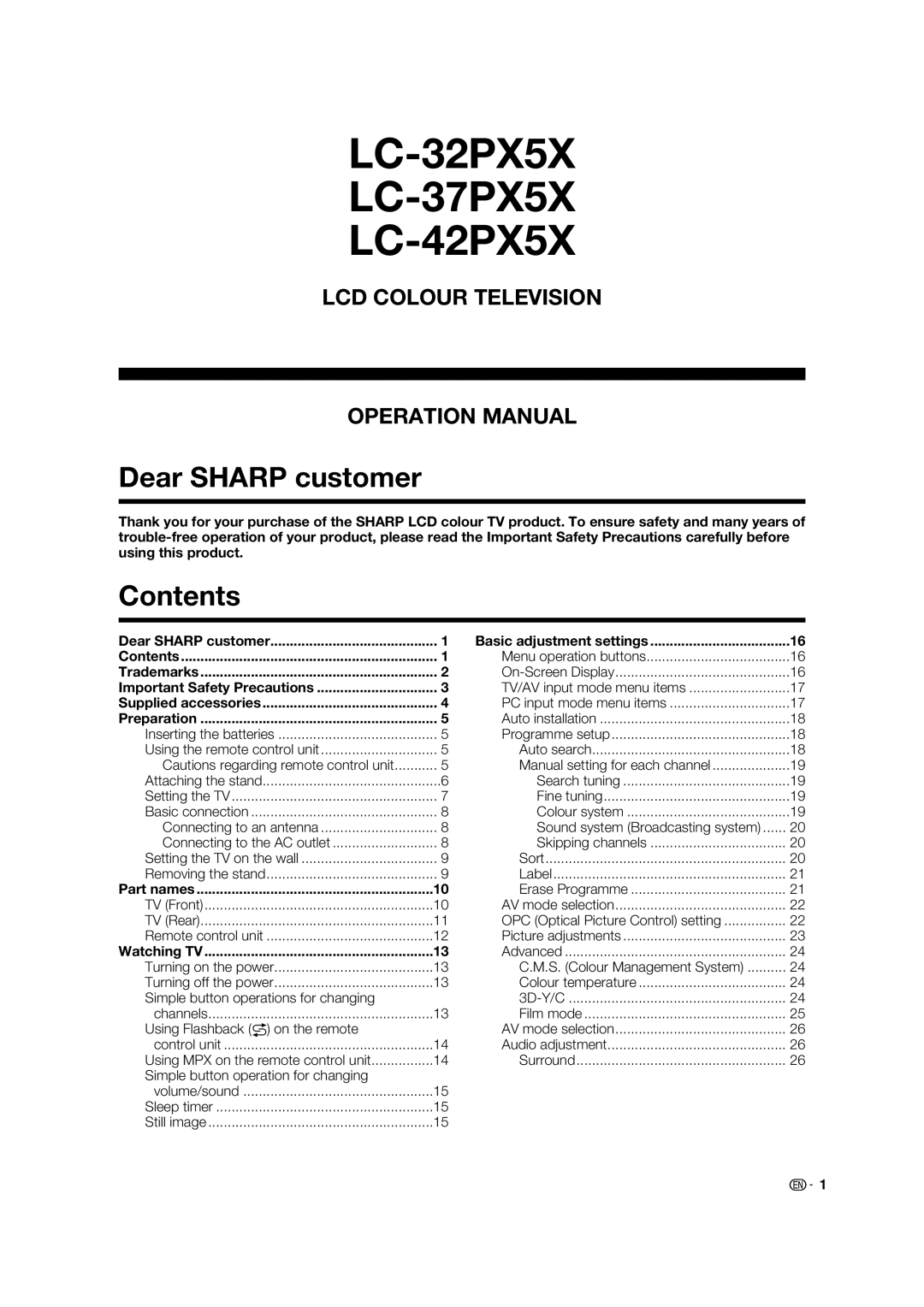 Sharp LC-42PX5X, LC-32PX5X, LC-37PX5X operation manual Dear Sharp customer, Contents 