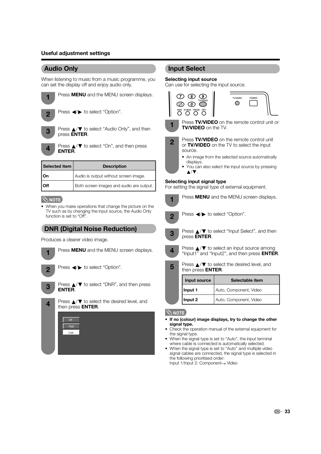 Sharp LC-37PX5X Audio Only, DNR Digital Noise Reduction, Input Select, Selecting input source, Selecting input signal type 