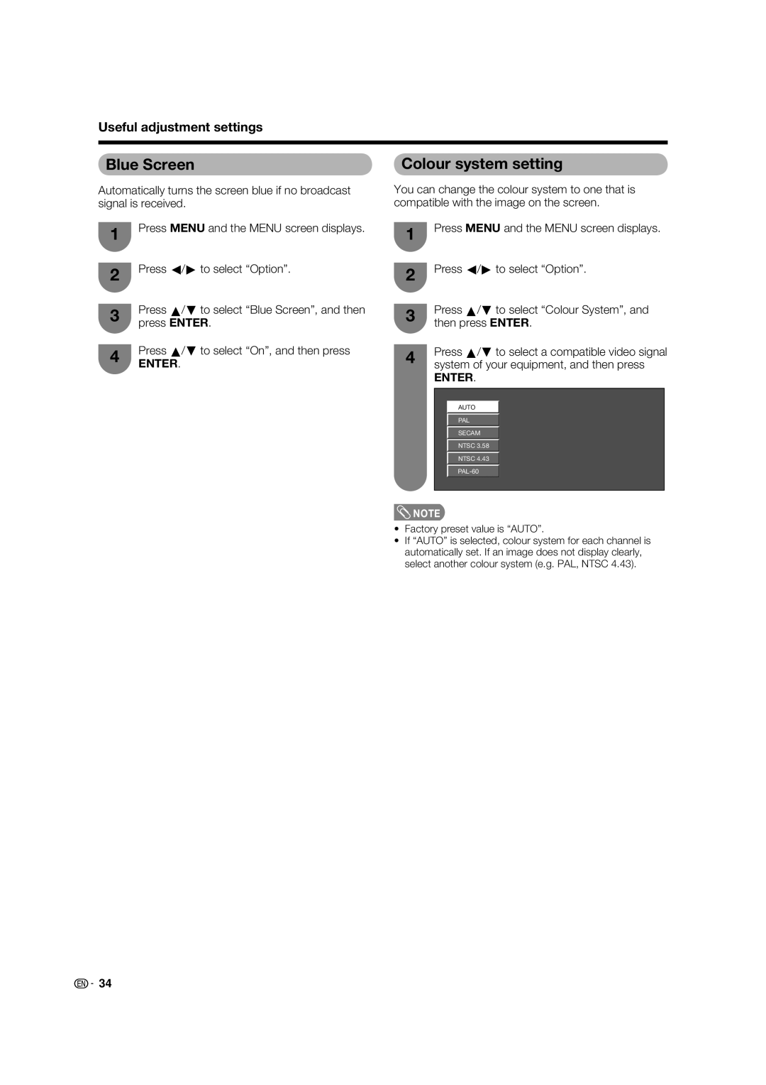 Sharp LC-42PX5X, LC-32PX5X, LC-37PX5X operation manual Blue Screen, Colour system setting 