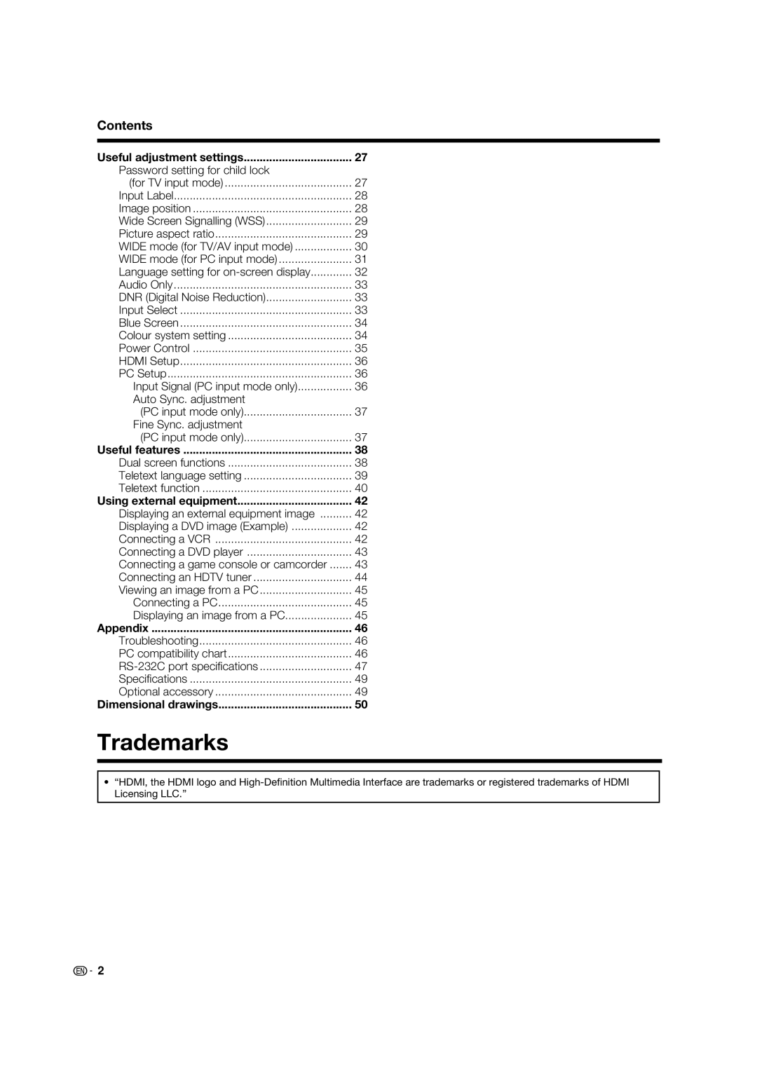 Sharp LC-32PX5X, LC-42PX5X, LC-37PX5X operation manual Trademarks, Contents 