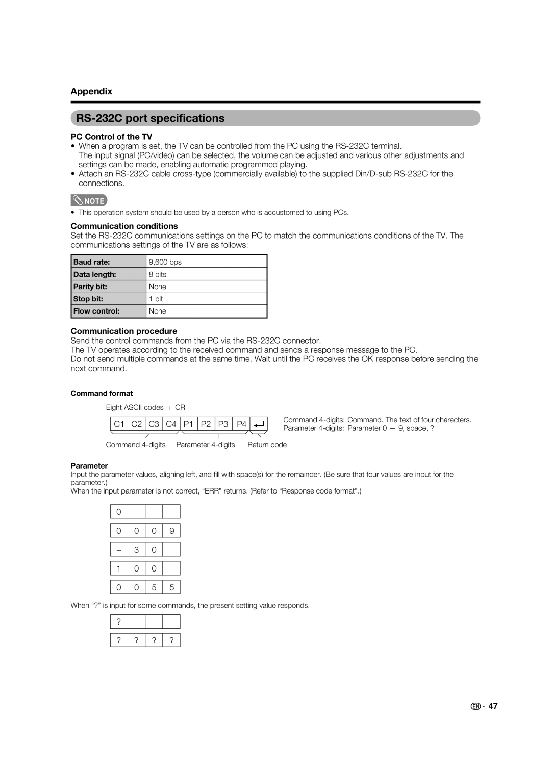 Sharp LC-32PX5X, LC-42PX5X, LC-37PX5X RS-232C port speciﬁcations, Appendix, PC Control of the TV, Communication conditions 