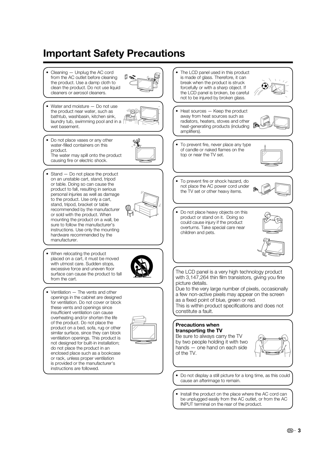 Sharp LC-37PX5X, LC-42PX5X, LC-32PX5X operation manual Important Safety Precautions, Precautions when transporting the TV 