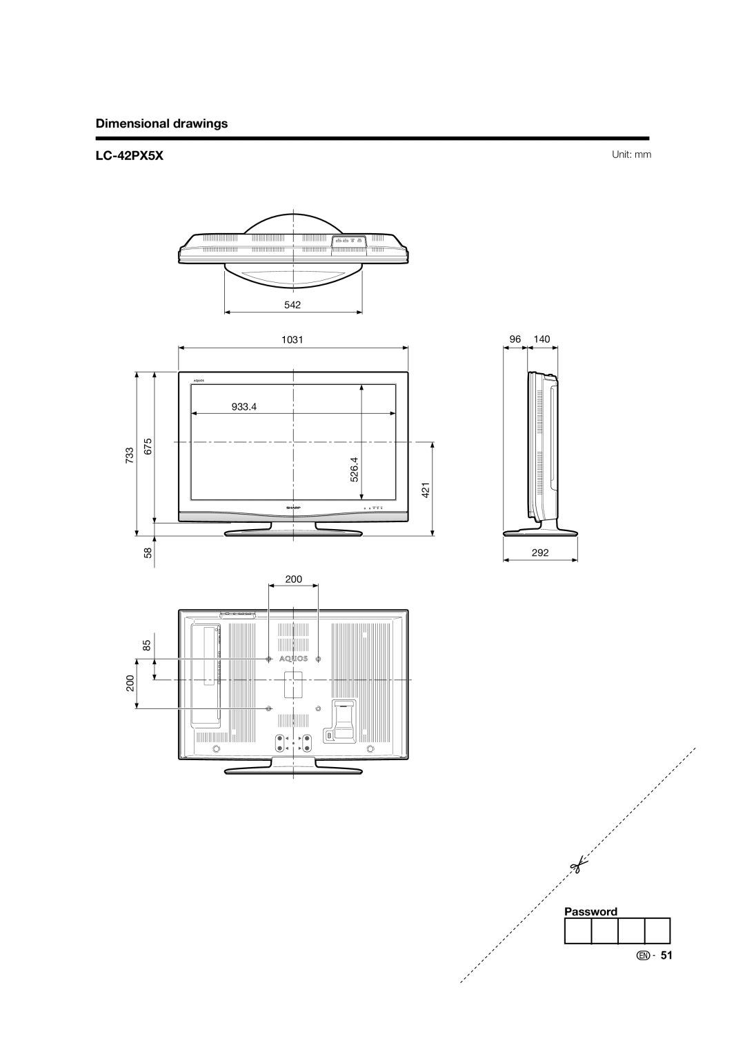 Sharp LC-37PX5X, LC-32PX5X operation manual Dimensional drawings LC-42PX5X, Password 