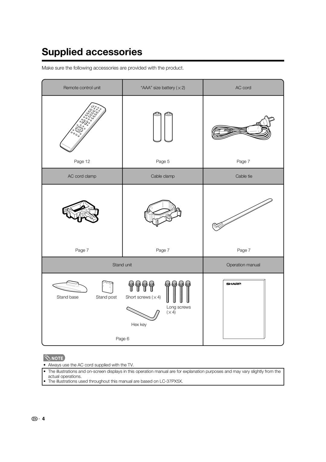 Sharp LC-42PX5X, LC-32PX5X, LC-37PX5X operation manual Supplied accessories 