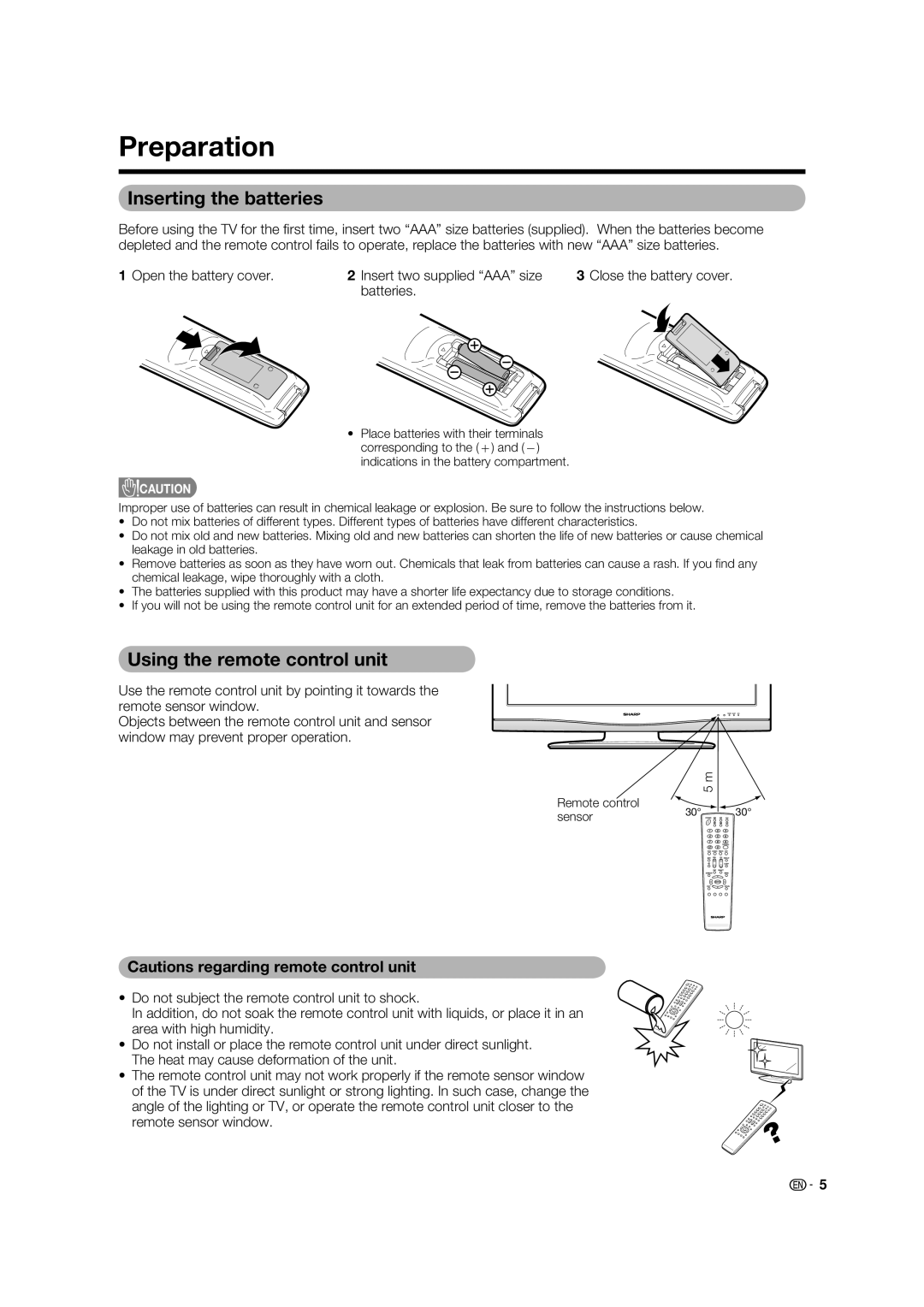 Sharp LC-32PX5X, LC-42PX5X, LC-37PX5X operation manual Preparation, Inserting the batteries, Using the remote control unit 