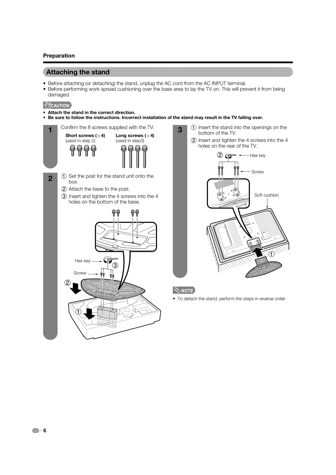 Sharp LC-37PX5X, LC-42PX5X Attaching the stand, Preparation, Conﬁ rm the 8 screws supplied with the TV, Short screws g4 