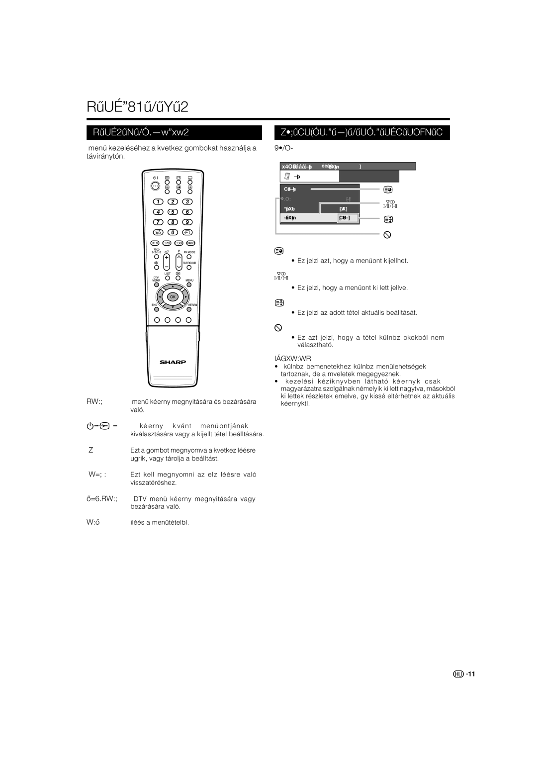 Sharp LC-32RDE, LC-42RD2E manual Menüműveletek, Menükezelő gombok, Képernyőn megjelenő menürendszer, Példa 