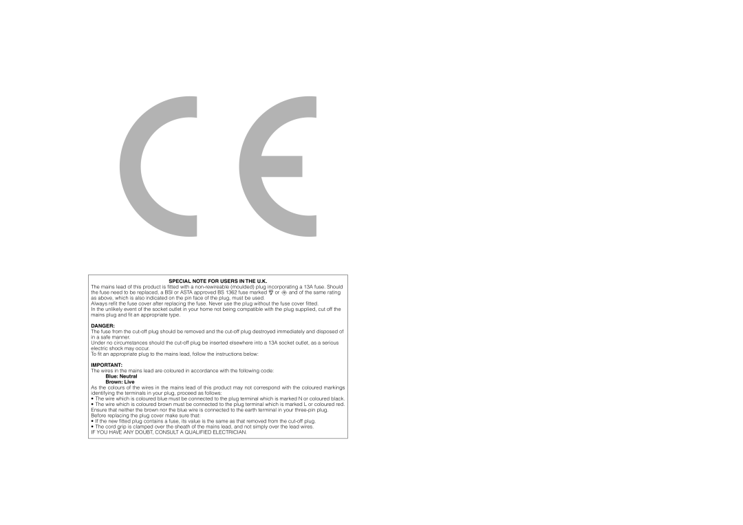 Sharp LC-42RD2E, LC-32RDE manual Special Note for Users in the U.K 