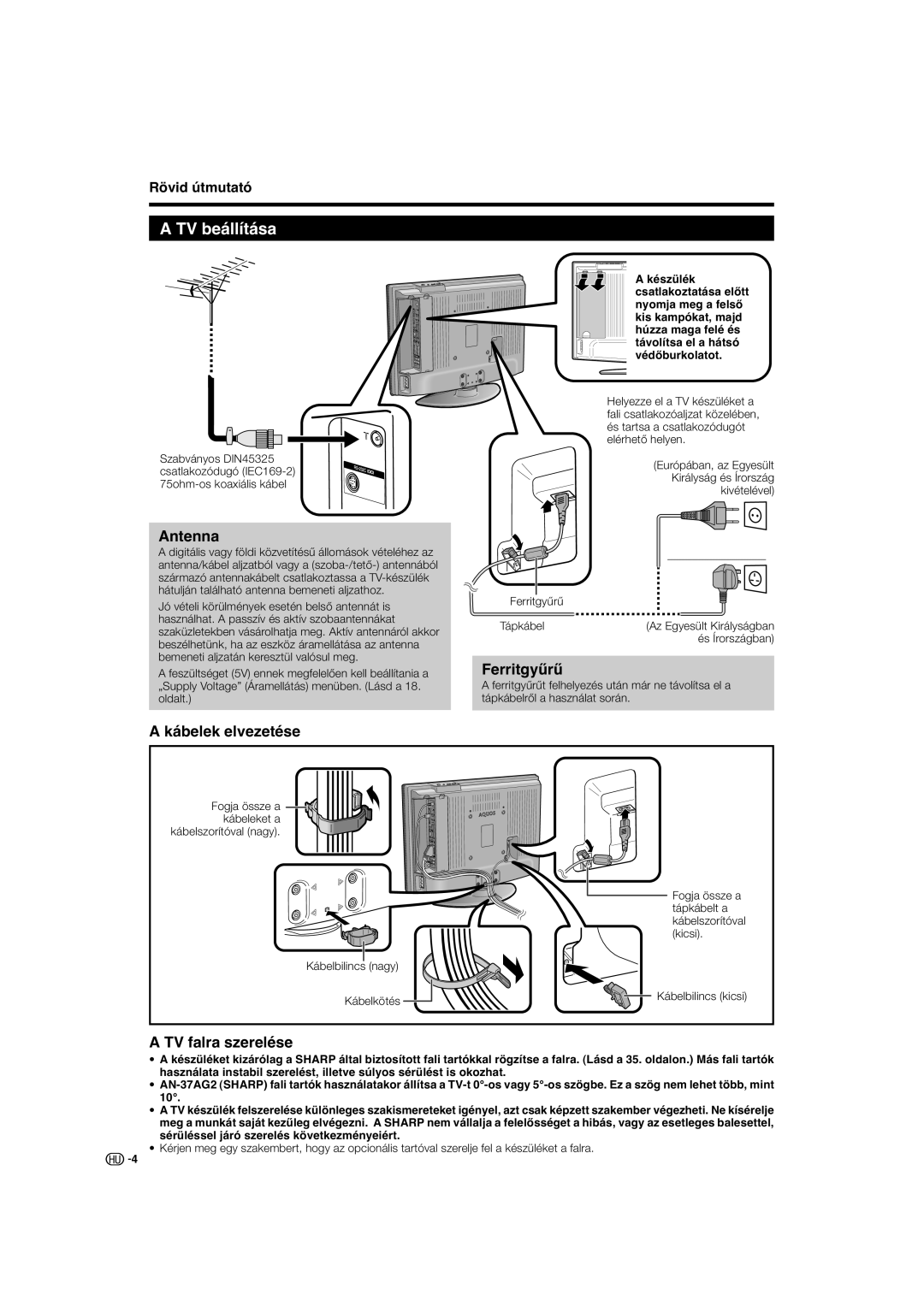 Sharp LC-42RD2E, LC-32RDE manual TV beállítása, Antenna, Ferritgyűrű, Kábelek elvezetése, TV falra szerelése 