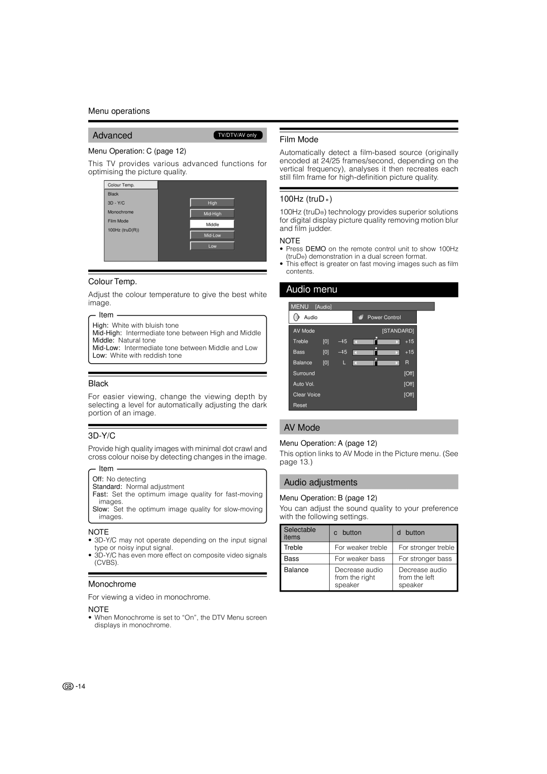 Sharp LC-37RD2E, LC-42RD2S, LC-42RD2E, LC-32RD2S, LC-32RD2E, LC-37RD2S operation manual Audio menu, Advanced, Audio adjustments 