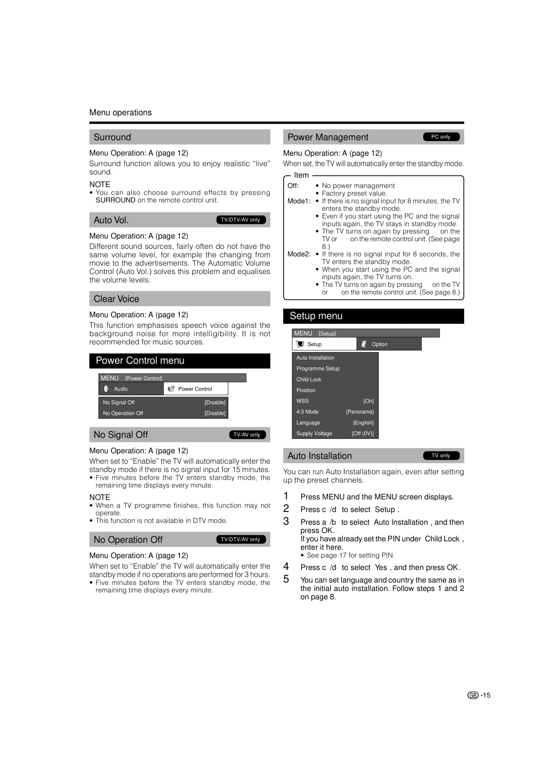 Sharp LC-37RD2S, LC-42RD2S, LC-42RD2E, LC-32RD2S, LC-32RD2E, LC-37RD2E operation manual Power Control menu, Setup menu 