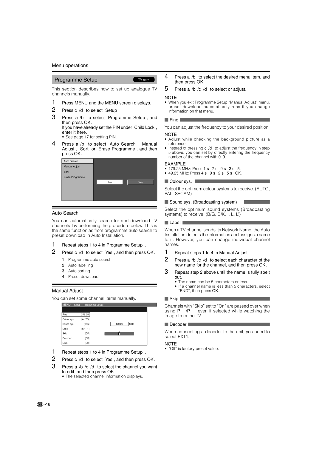 Sharp LC-42RD2S, LC-42RD2E, LC-32RD2S, LC-32RD2E, LC-37RD2E, LC-37RD2S Programme Setup, Auto Search, Manual Adjust 