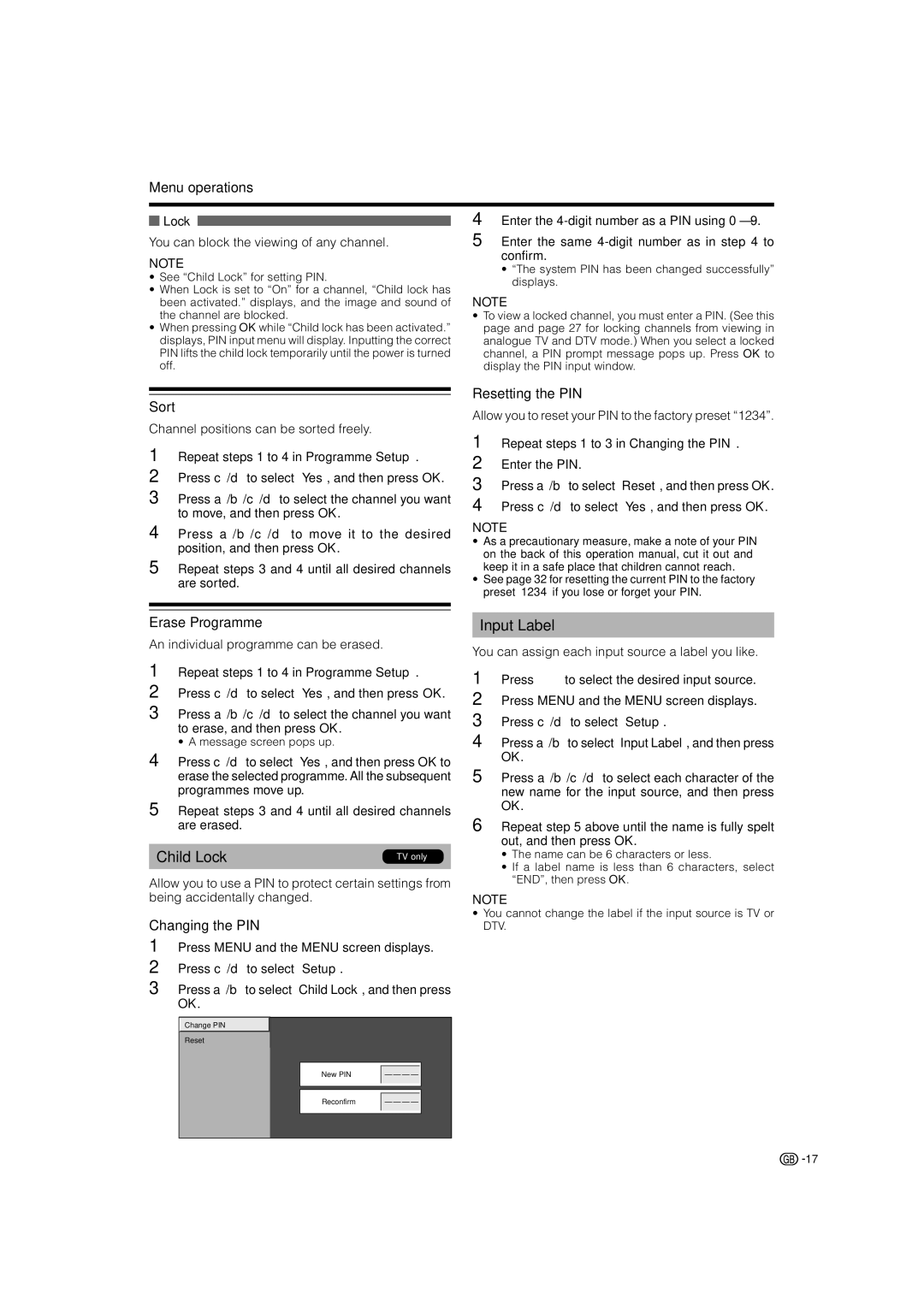 Sharp LC-42RD2E, LC-42RD2S, LC-32RD2S, LC-32RD2E, LC-37RD2E, LC-37RD2S operation manual Child Lock, Input Label 