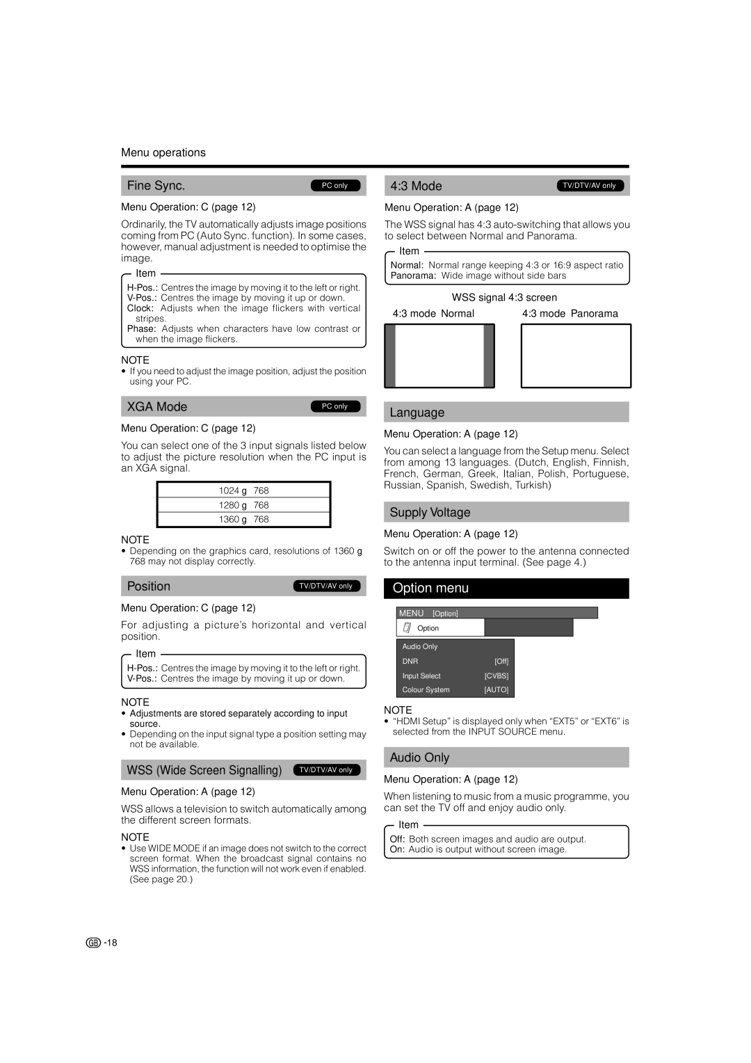 Sharp LC-32RD2S, LC-42RD2S, LC-42RD2E, LC-32RD2E, LC-37RD2E, LC-37RD2S Option menu, Fine Sync, XGA Mode, Position 