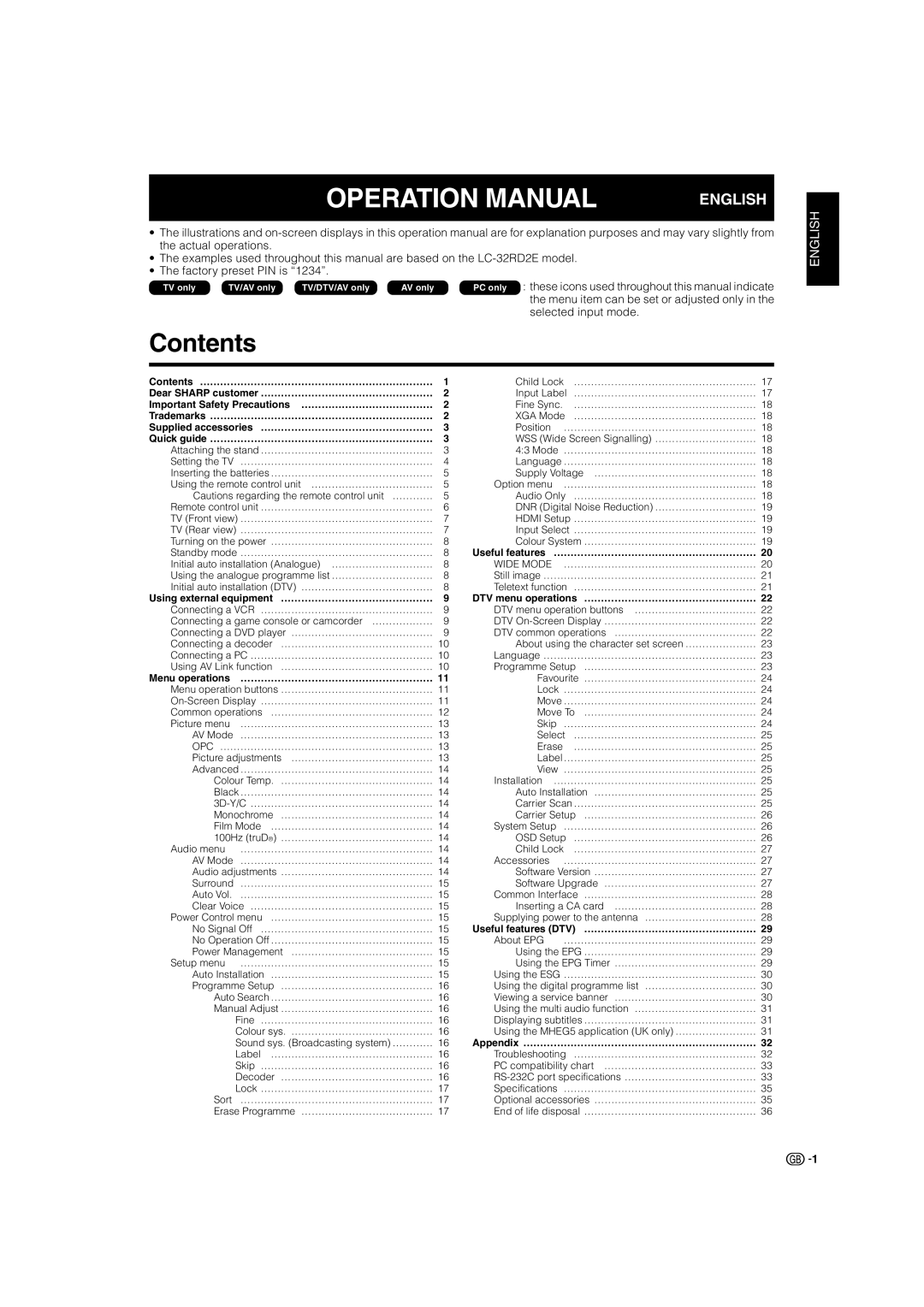 Sharp LC-32RD2E, LC-42RD2S, LC-42RD2E, LC-32RD2S, LC-37RD2E, LC-37RD2S operation manual Contents 