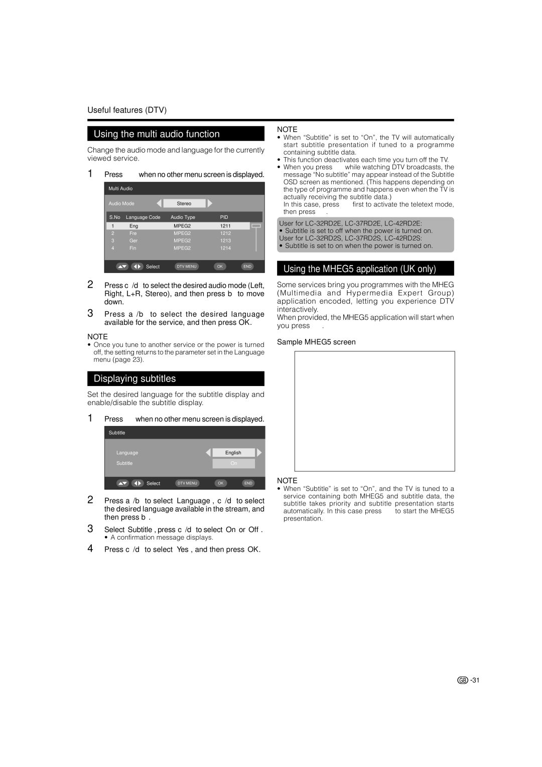 Sharp LC-32RD2E, LC-42RD2S Using the multi audio function, Displaying subtitles, Using the MHEG5 application UK only 