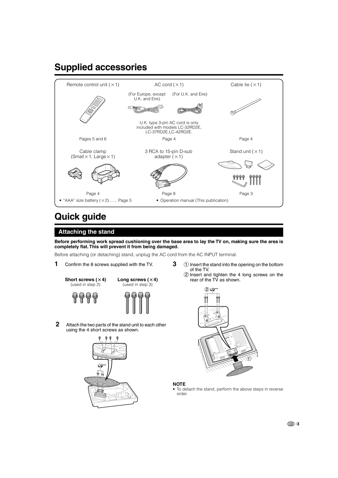 Sharp LC-37RD2S Supplied accessories, Quick guide, Attaching the stand, Remote control unit g1 AC cord g1 Cable tie g1 