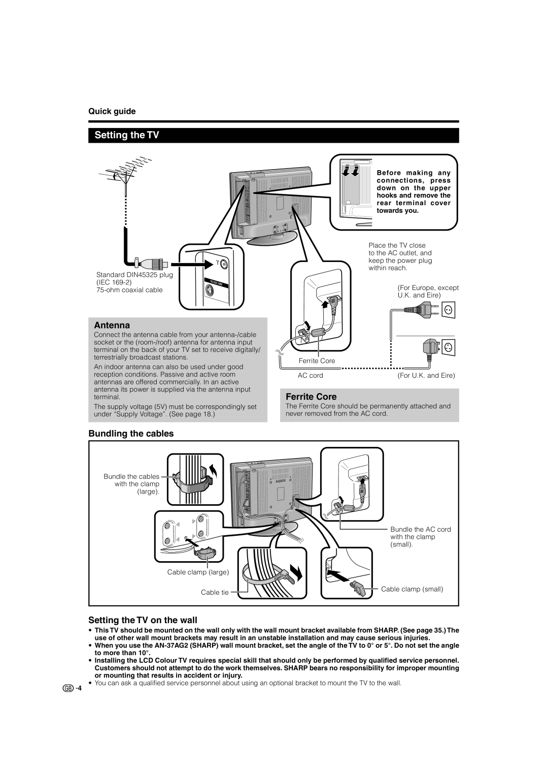 Sharp LC-42RD2S, LC-42RD2E, LC-32RD2S, LC-32RD2E Antenna, Ferrite Core, Bundling the cables, Setting the TV on the wall 