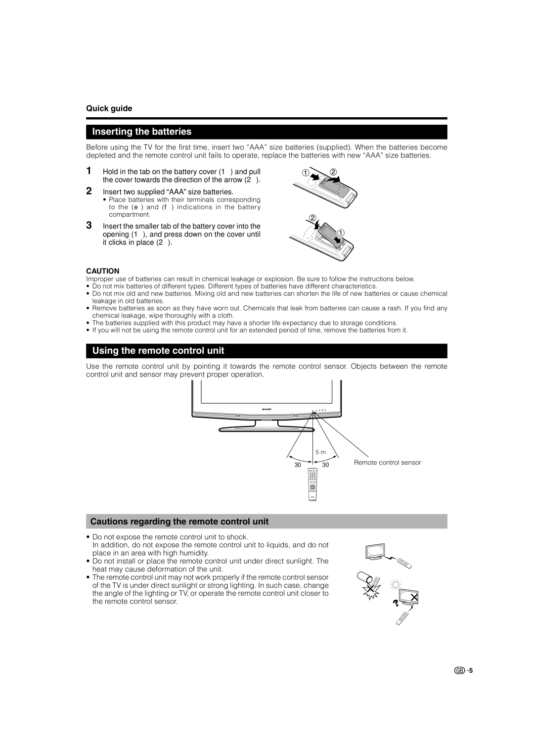 Sharp LC-42RD2E, LC-42RD2S, LC-32RD2S, LC-32RD2E, LC-37RD2E, LC-37RD2S Inserting the batteries, Using the remote control unit 