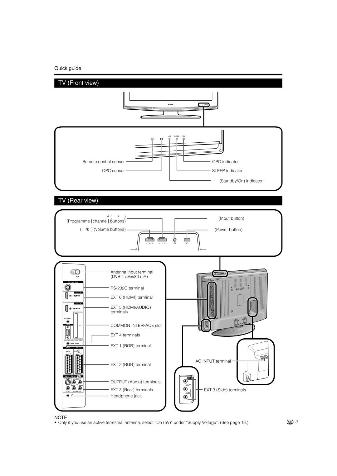 Sharp LC-32RD2E, LC-42RD2S, LC-42RD2E, LC-32RD2S, LC-37RD2E, LC-37RD2S operation manual TV Front view, TV Rear view 