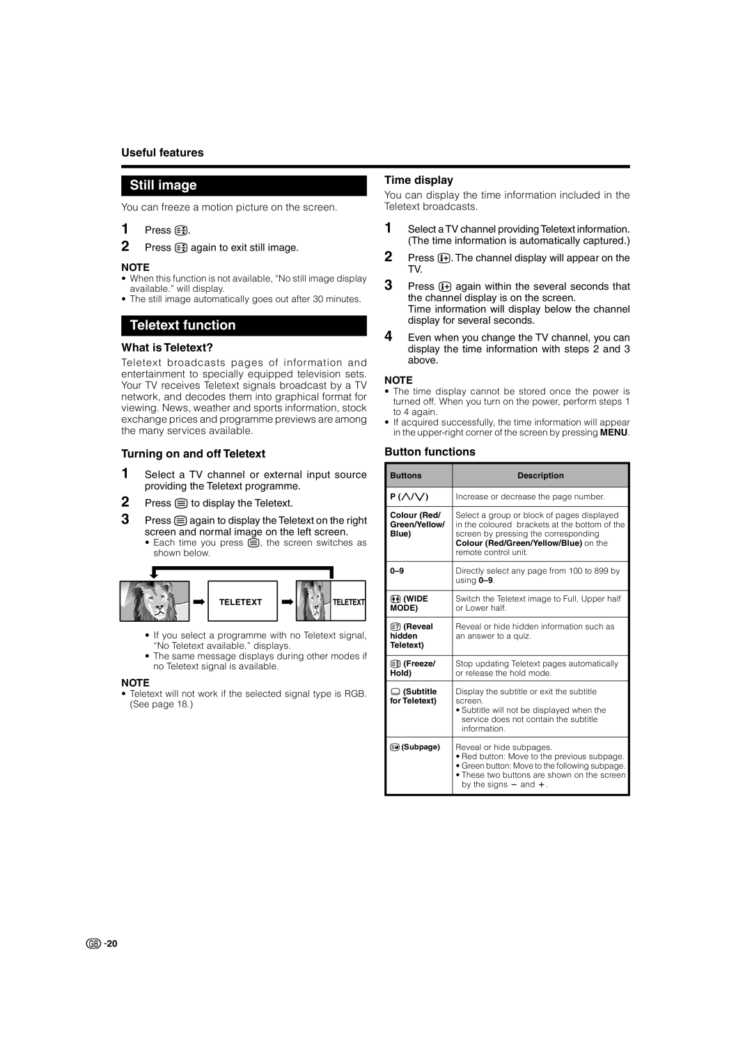 Sharp LC-37SV1E, LC-42SA1E, LC-37SA1E operation manual Still image, Teletext function 