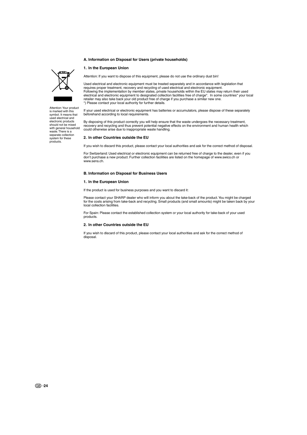 Sharp LC-37SA1E, LC-42SA1E Other Countries outside the EU, Information on Disposal for Business Users European Union 