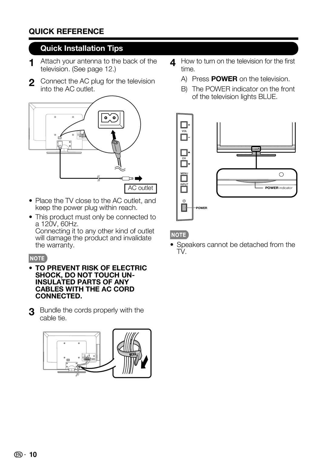 Sharp LC-32SB28UT-A Quick Installation Tips, Attach your antenna to the back, Into the AC outlet Television lights Blue 